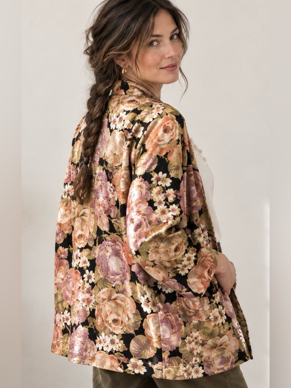 Vintage Cottagecore Floral Jacquard Open Front Unstructured Blazer Jacket XL